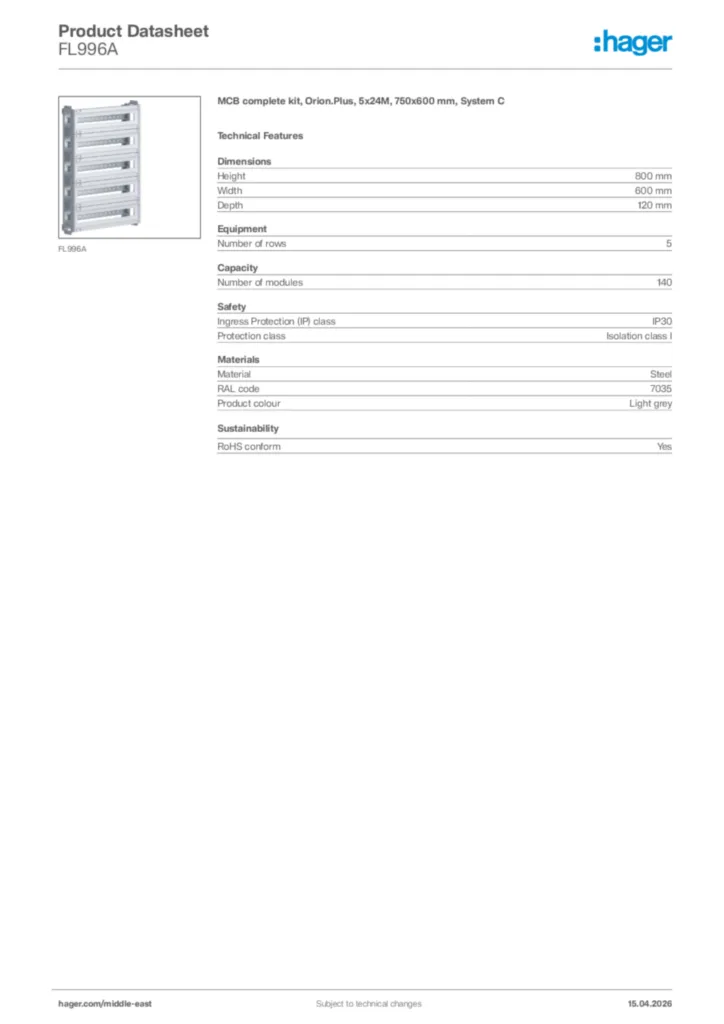 Image Hager Product data sheet FL996A  | Hager