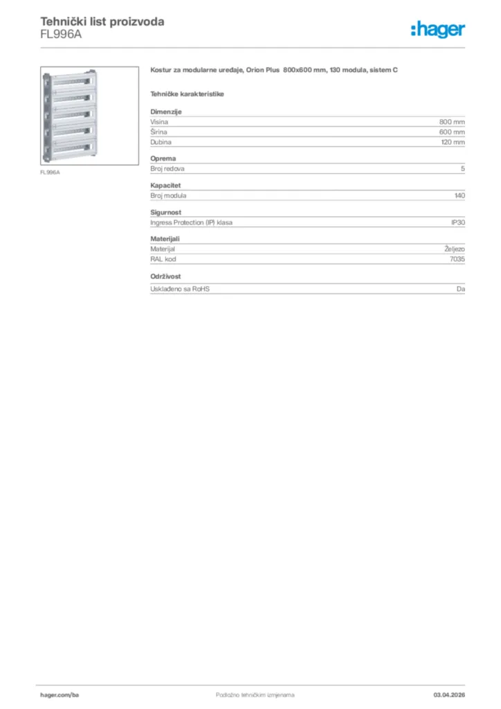 Slika Hager Tehnički list proizvoda FL996A  | Hager