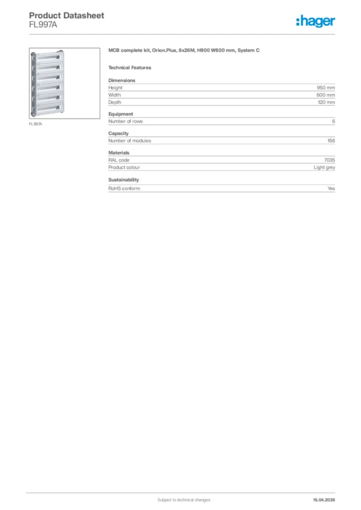 Image Hager Product data sheet FL997A  | Hager Africa