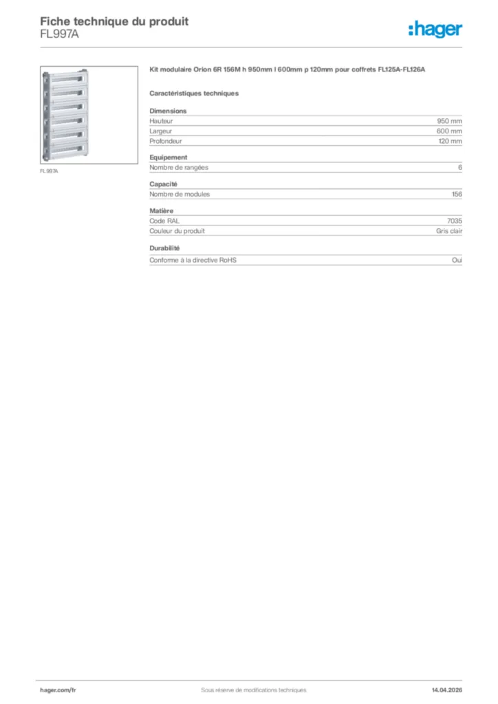 Image Hager Fiche technique du produit FL997A | Hager France