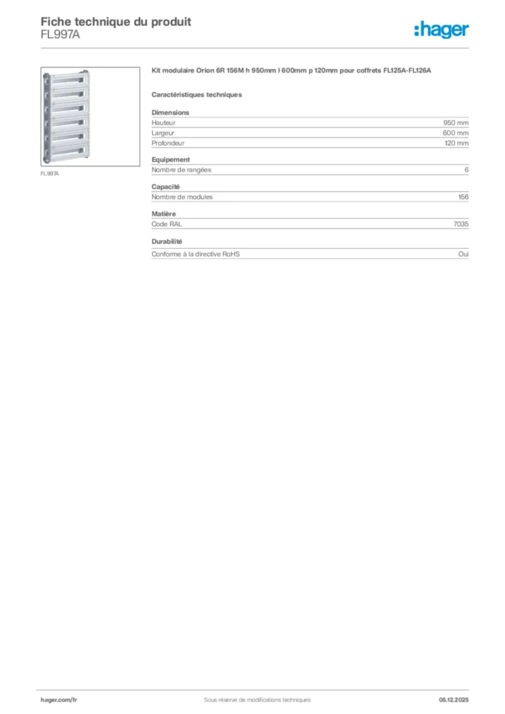 Image Hager Fiche technique du produit FL997A | Hager France