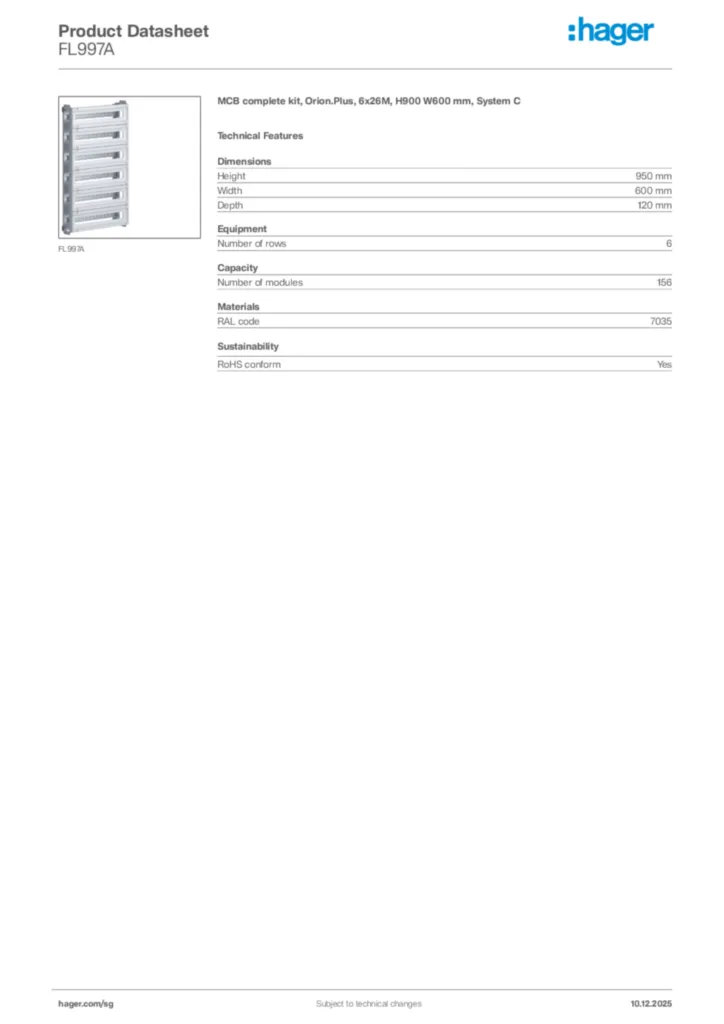 Image Hager Product data sheet FL997A  | Hager