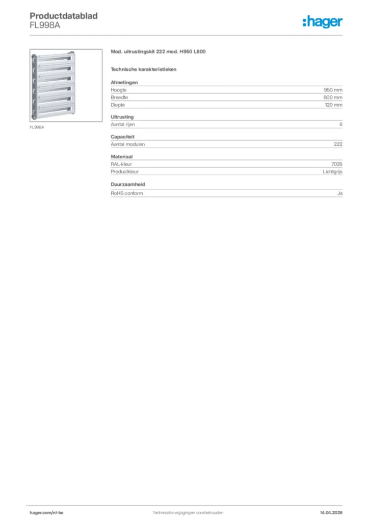 Afbeelding Hager Productdatablad FL998A | Hager Belgium