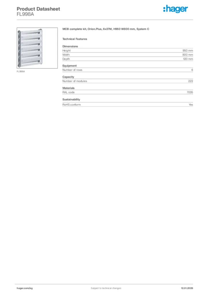 Image Hager Product data sheet FL998A  | Hager