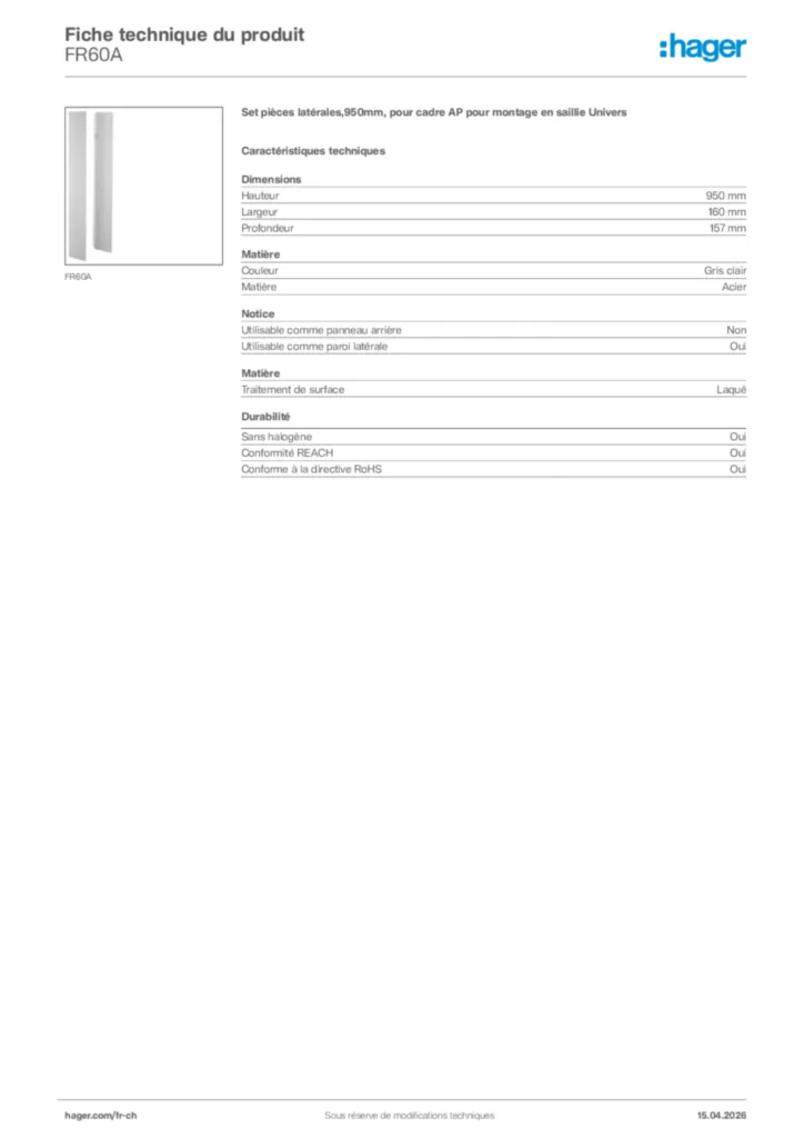 Image Hager Fiche technique du produit FR60A | Hager Suisse