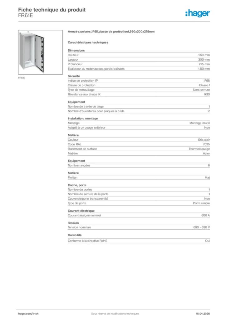 Image Hager Fiche technique du produit FR61E | Hager Suisse
