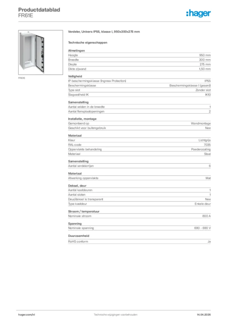 Afbeelding Hager Productdatablad FR61E | Hager Nederland
