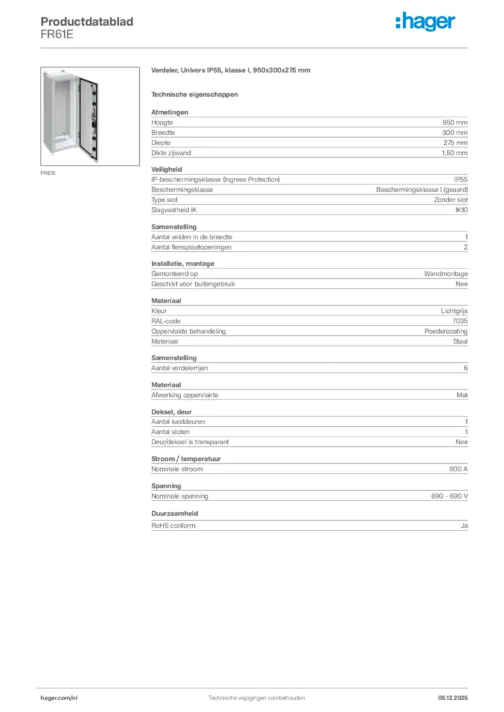Afbeelding Hager Productdatablad FR61E | Hager Nederland