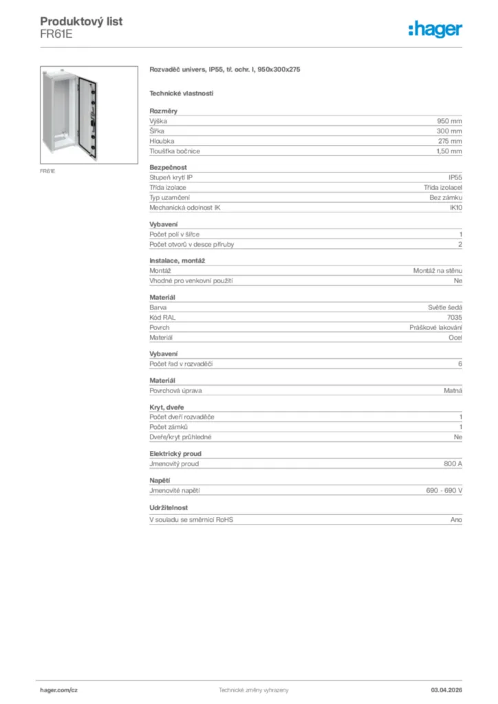 Obrázek Hager Product data sheet FR61E | Hager