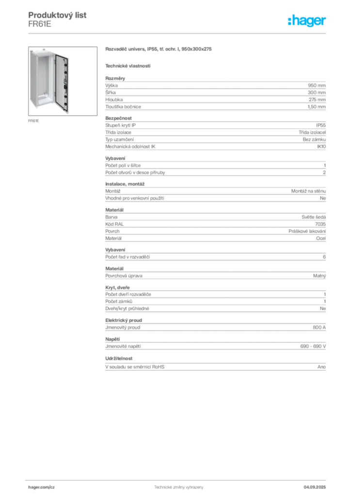 Obrázek Hager Produktový list FR61E | Hager