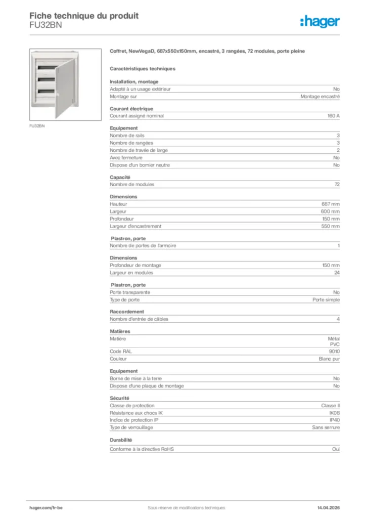Image Hager Fiche technique du produit FU32BN | Hager Belgique