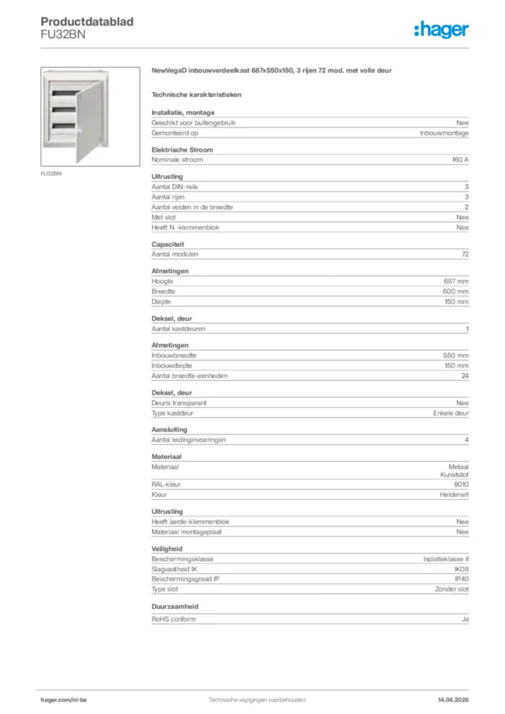 Afbeelding Hager Productdatablad FU32BN | Hager Belgium