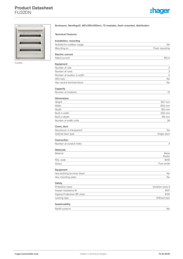 Image Hager Product data sheet FU32DN  | Hager