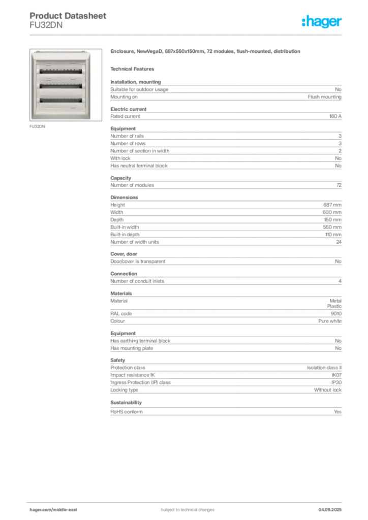 Image Hager Product data sheet FU32DN  | Hager