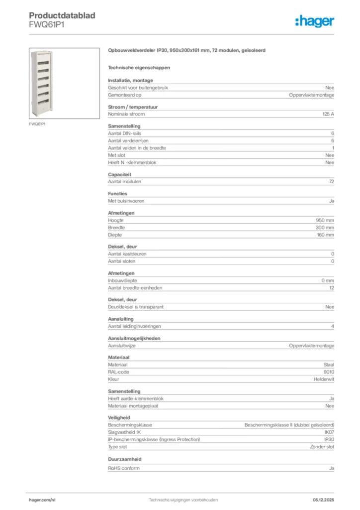 Afbeelding Hager Productdatablad FWQ61P1 | Hager Nederland