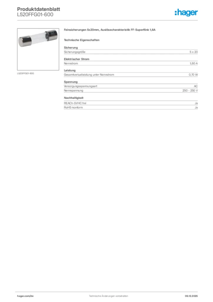 Bild Hager Produktdatenblatt L520FFG01-600 | Hager Deutschland