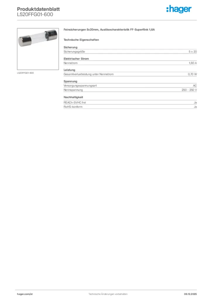 Bild Hager Produktdatenblatt L520FFG01-600 | Hager Deutschland