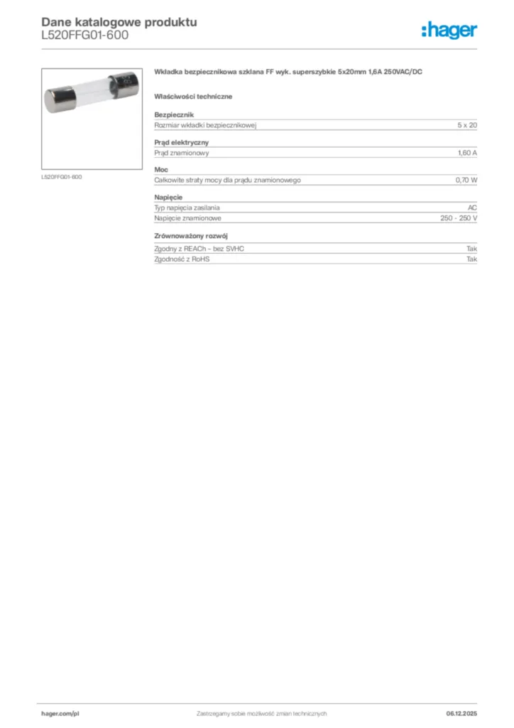 Zdjęcie Hager Karta katalogowa L520FFG01-600 | Hager Polska