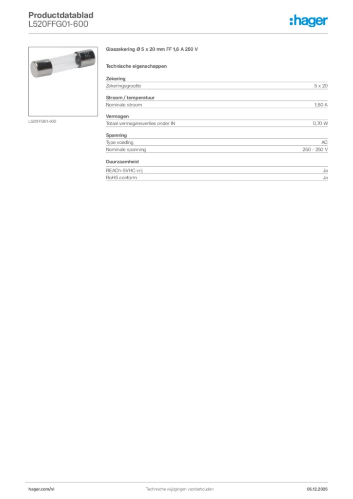 Afbeelding Hager Productdatablad L520FFG01-600 | Hager Nederland