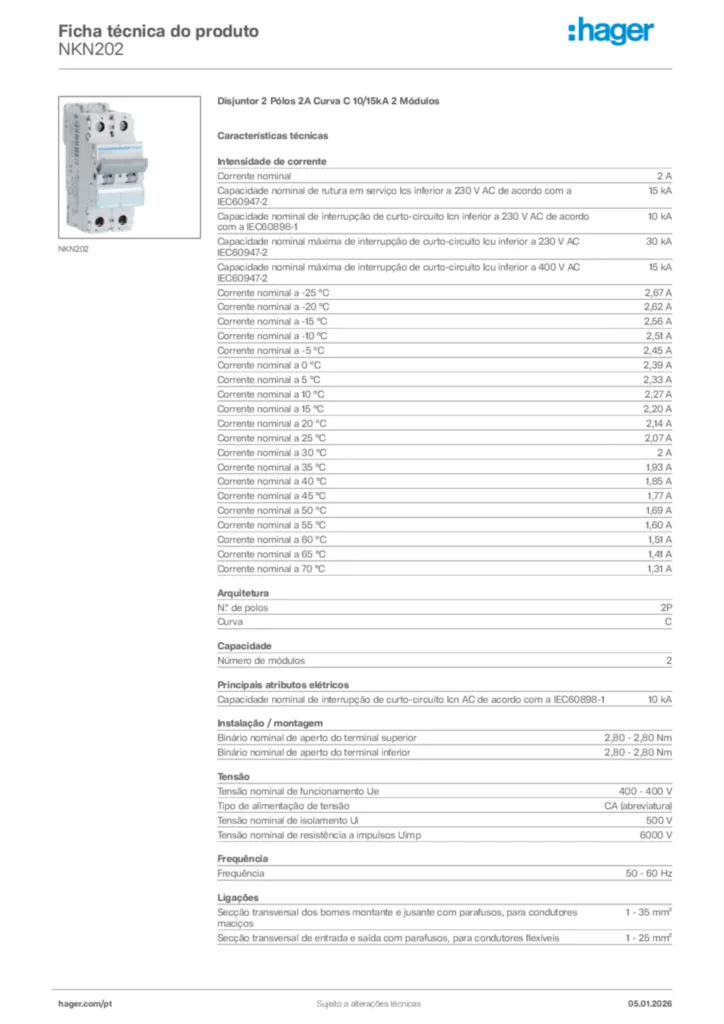 Imagem Hager Ficha técnica do produto NKN202 | Hager Portugal