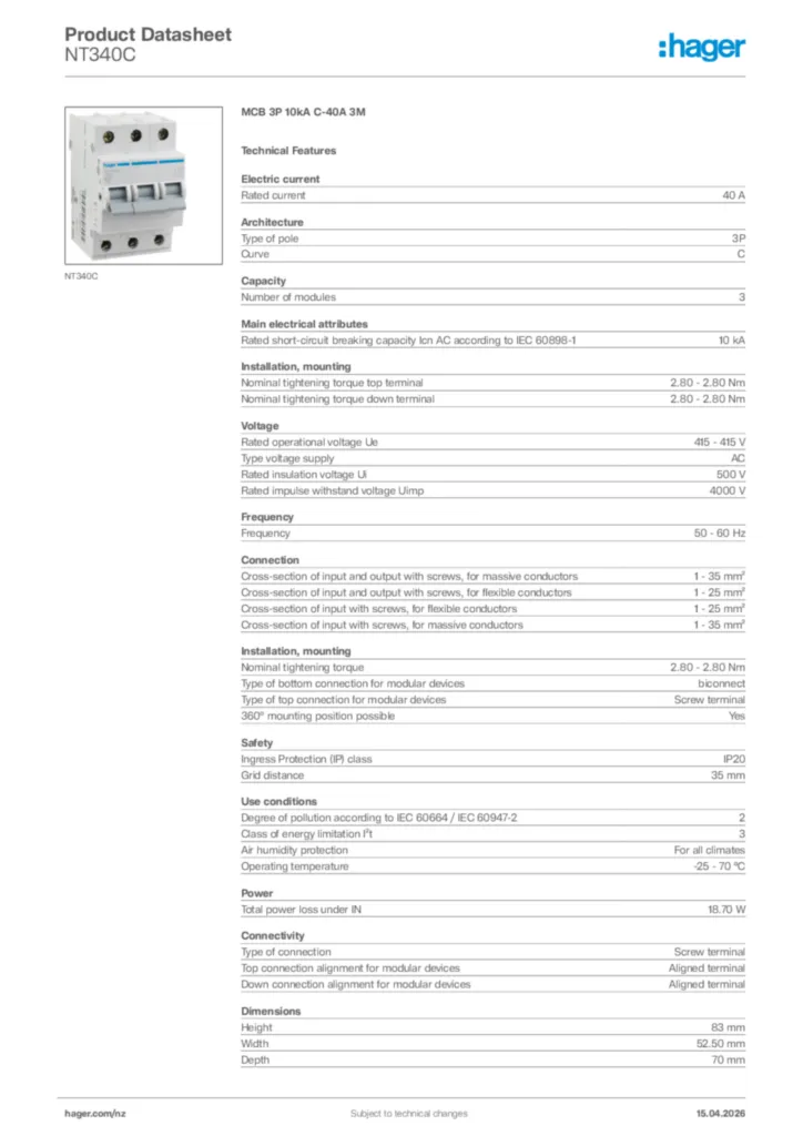 Image Hager Product data sheet NT340C  | Hager New Zealand