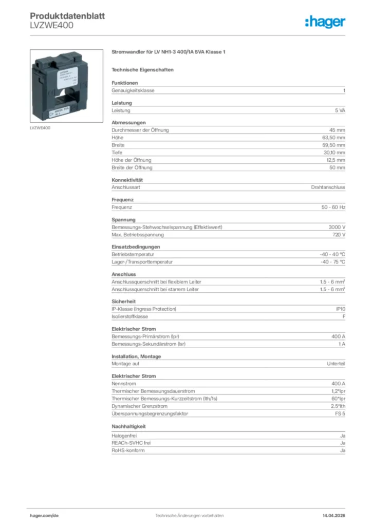 Bild Hager Produktdatenblatt LVZWE400 | Hager Deutschland
