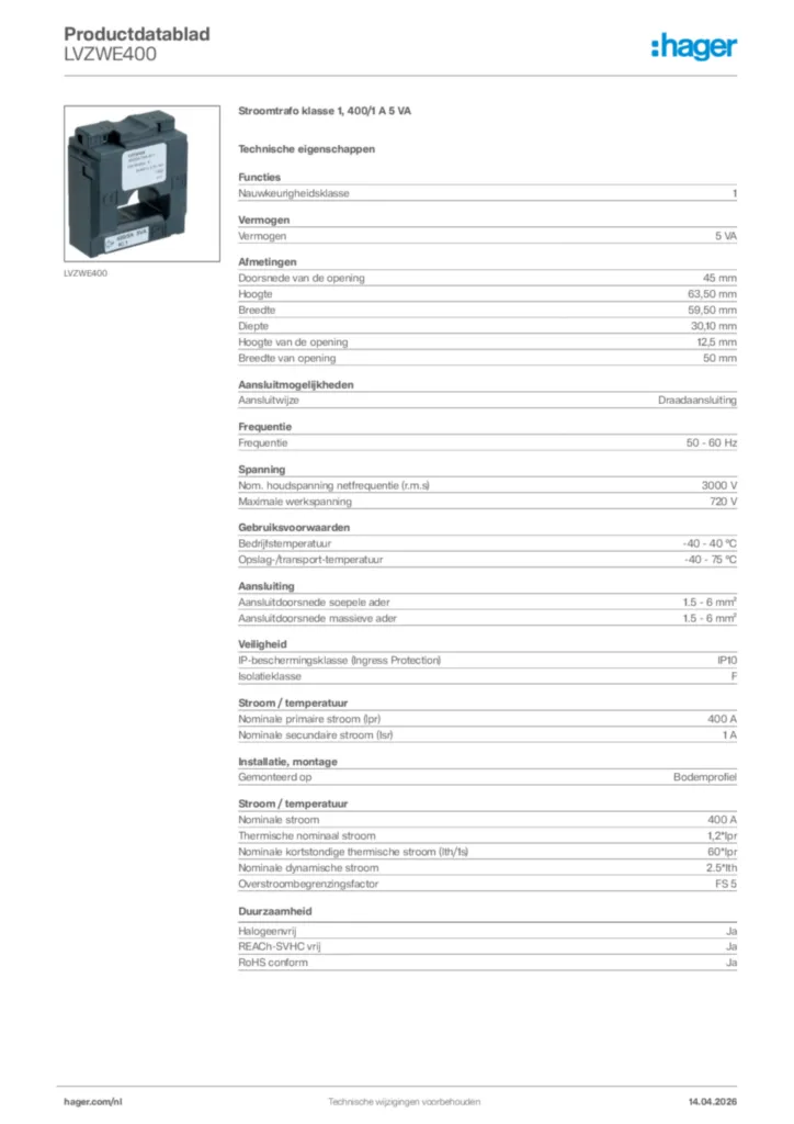 Afbeelding Hager Productdatablad LVZWE400 | Hager Nederland
