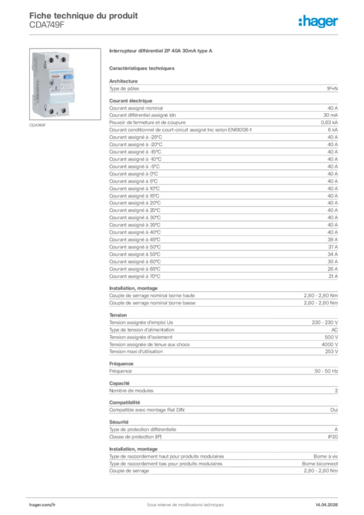 Image Hager Fiche technique du produit CDA749F | Hager France