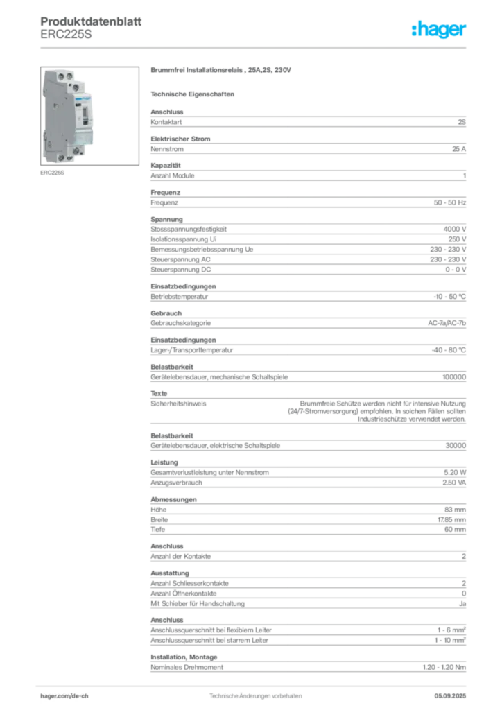 Bild Hager Produktdatenblatt ERC225S | Hager Schweiz