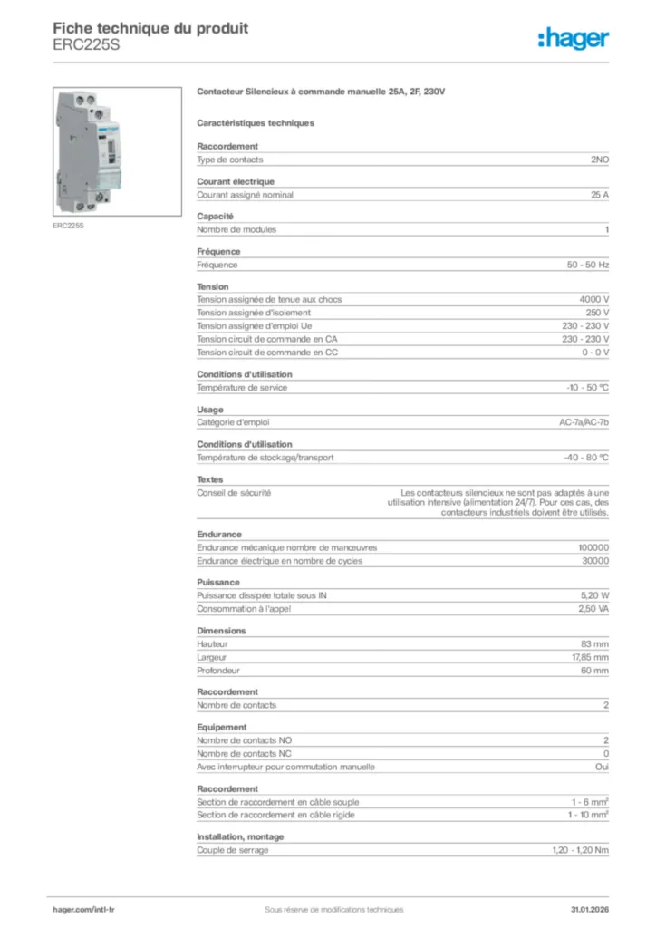 Image Hager Fiche technique du produit ERC225S | Hager Afrique