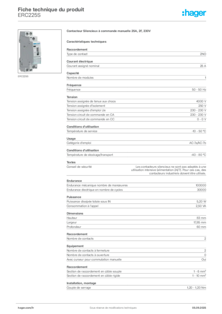 Image Hager Fiche technique du produit ERC225S | Hager France