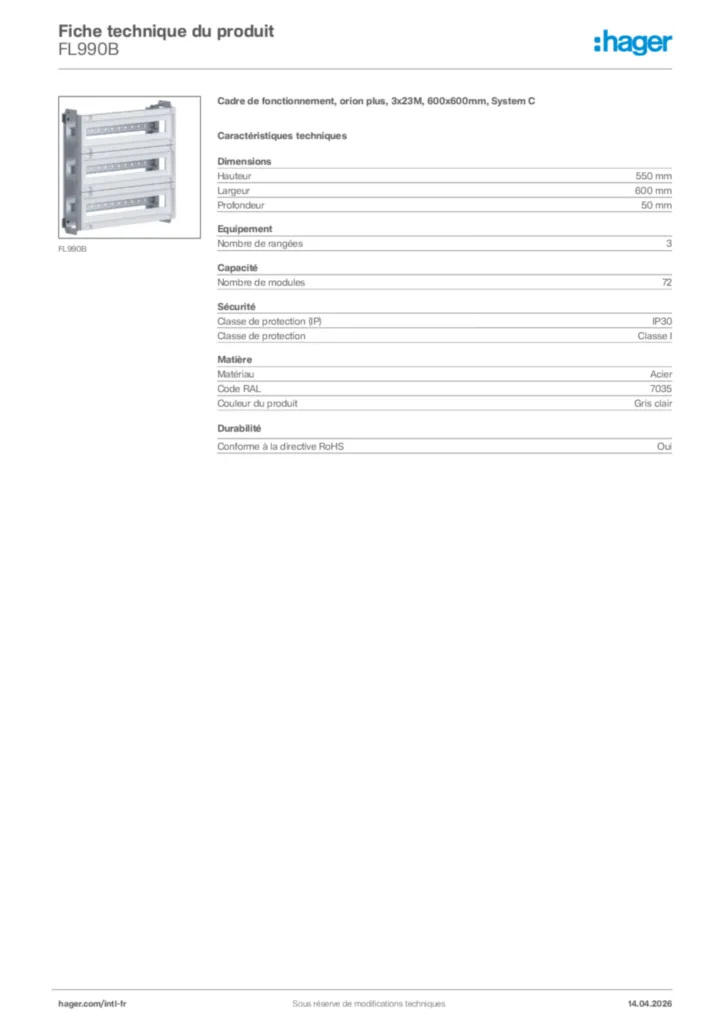 Image Hager Fiche technique du produit FL990B | Hager Afrique