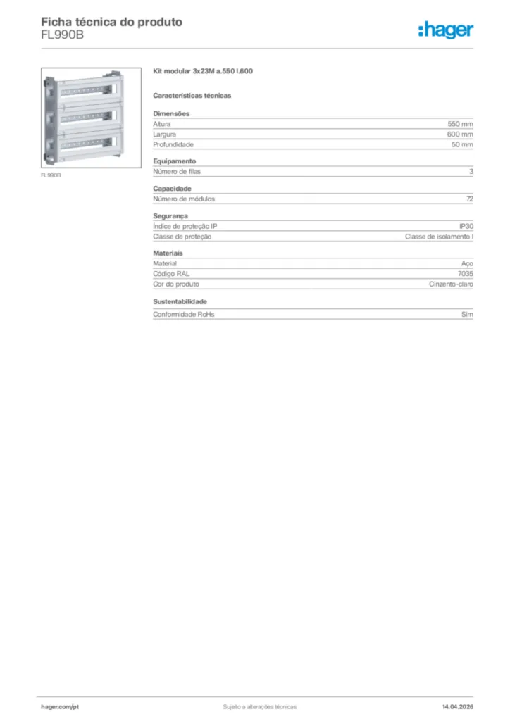 Imagem Hager Ficha técnica do produto FL990B | Hager Portugal