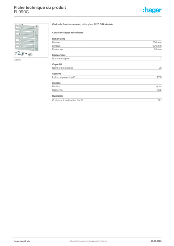 Image Hager Fiche technique du produit FL990C | Hager Suisse