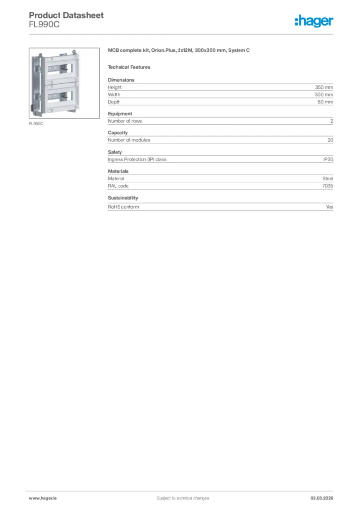 Image Hager Product data sheet FL990C  | Hager