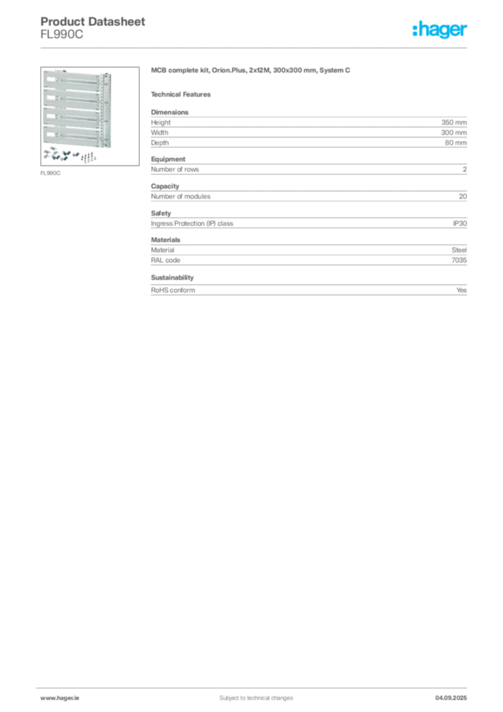Image Hager Product data sheet FL990C  | Hager