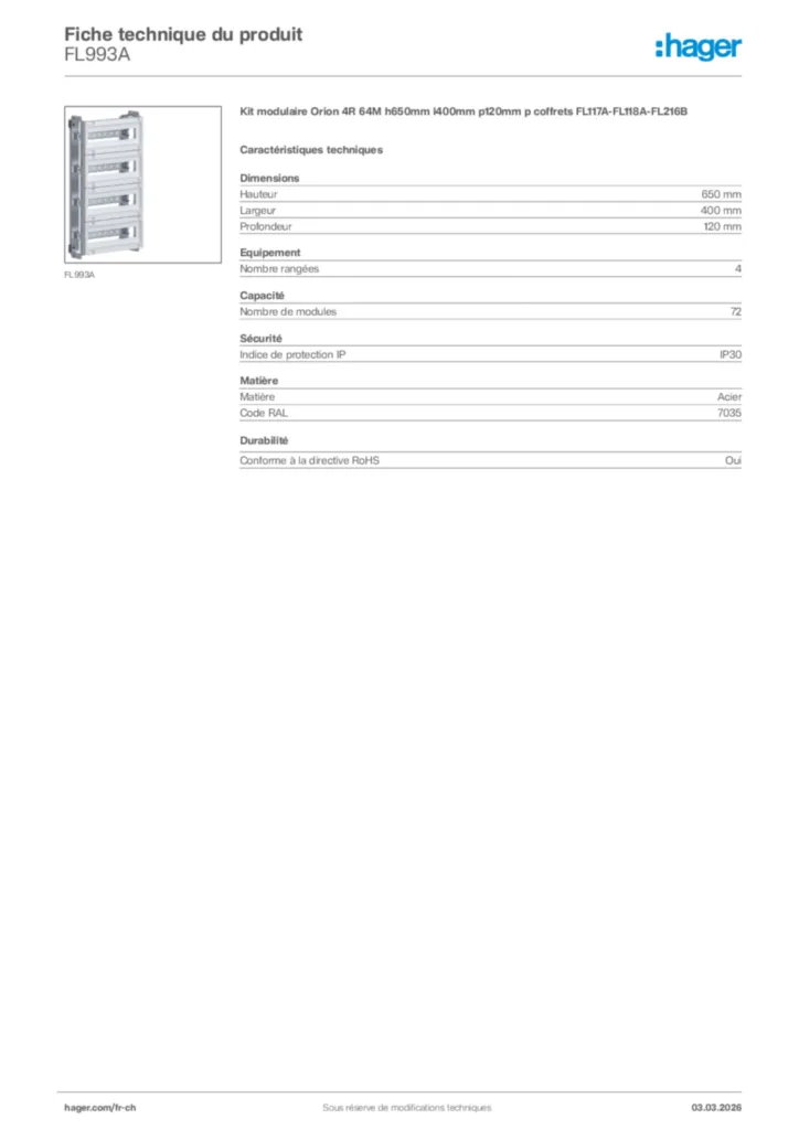 Image Hager Fiche technique du produit FL993A | Hager Suisse