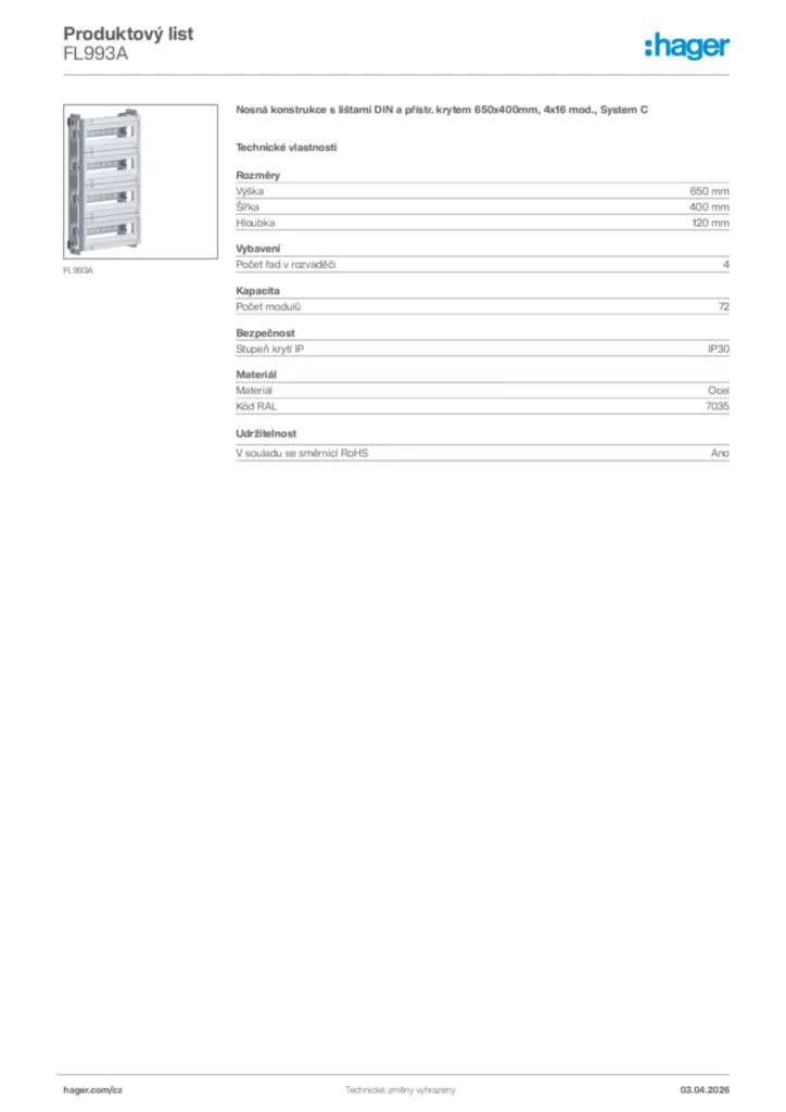 Obrázek Hager Product data sheet FL993A | Hager