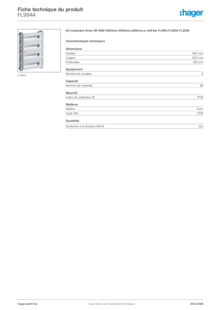 Image Hager Fiche technique du produit FL994A | Hager Belgique