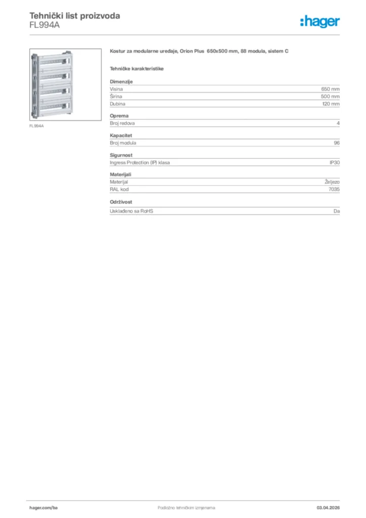 Slika Hager Tehnički list proizvoda FL994A  | Hager