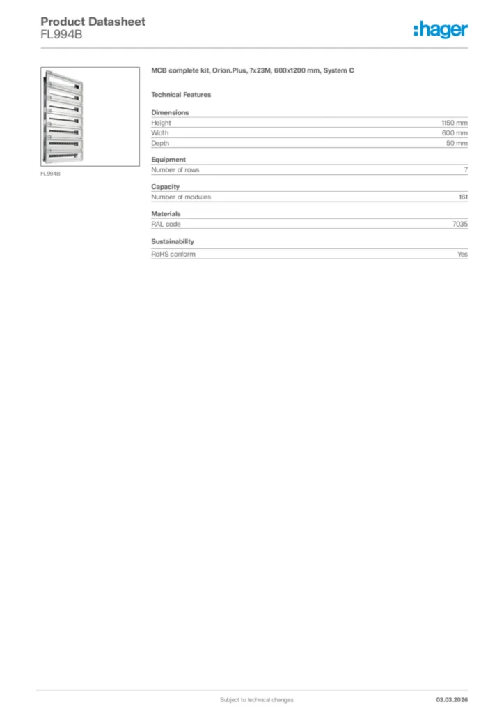 Image Hager Product data sheet FL994B  | Hager Africa
