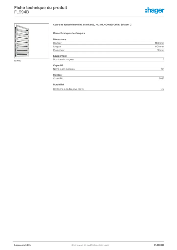 Image Hager Fiche technique du produit FL994B | Hager Afrique