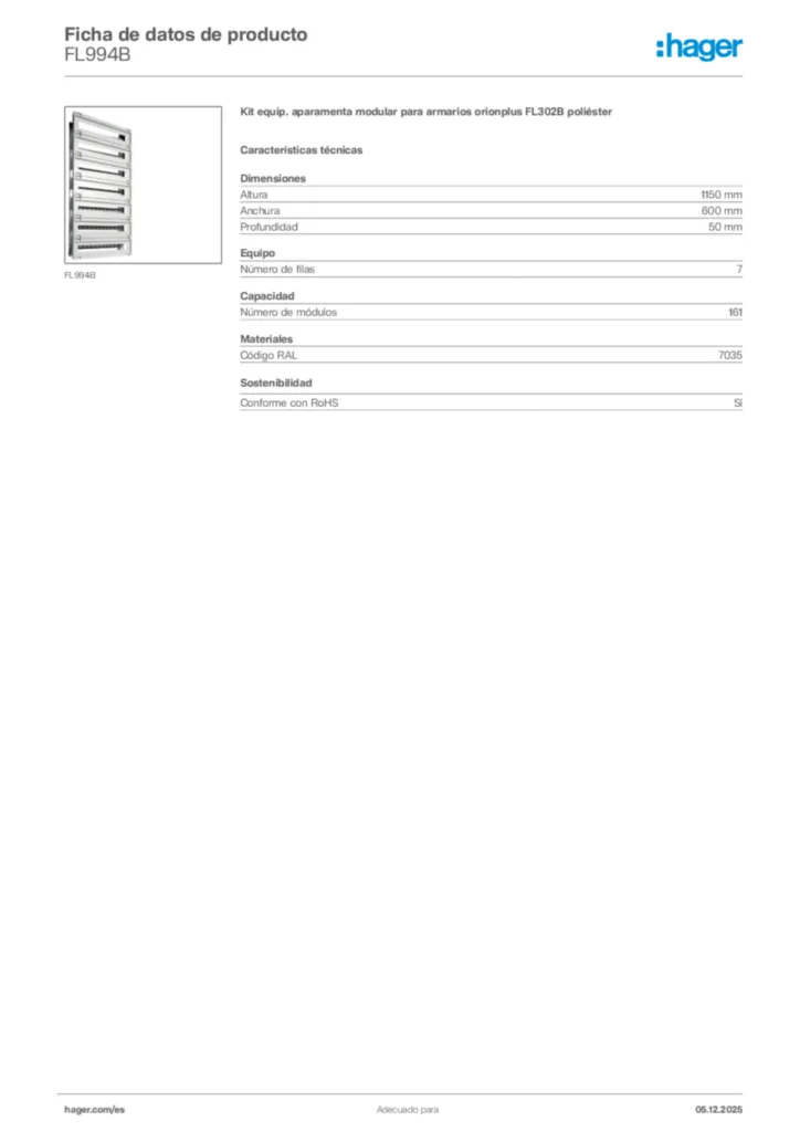 Imagen Hager Ficha de datos de producto FL994B | Hager España