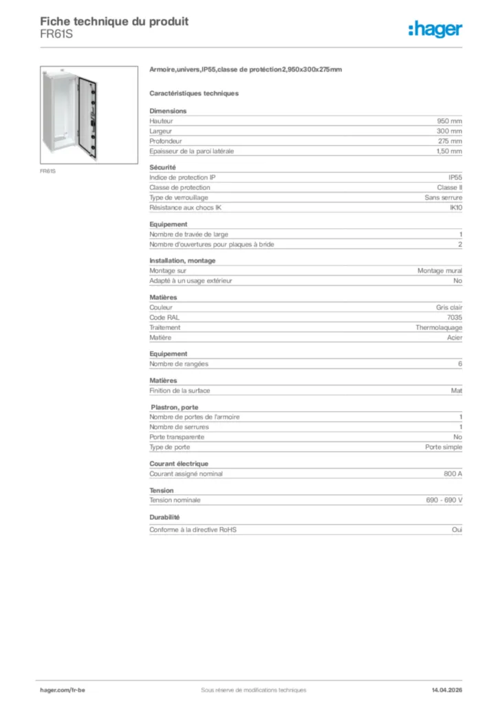 Image Hager Fiche technique du produit FR61S | Hager Belgique