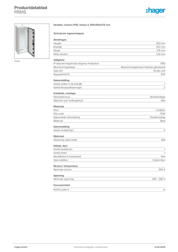 Afbeelding Hager Productdatablad FR61S | Hager Nederland