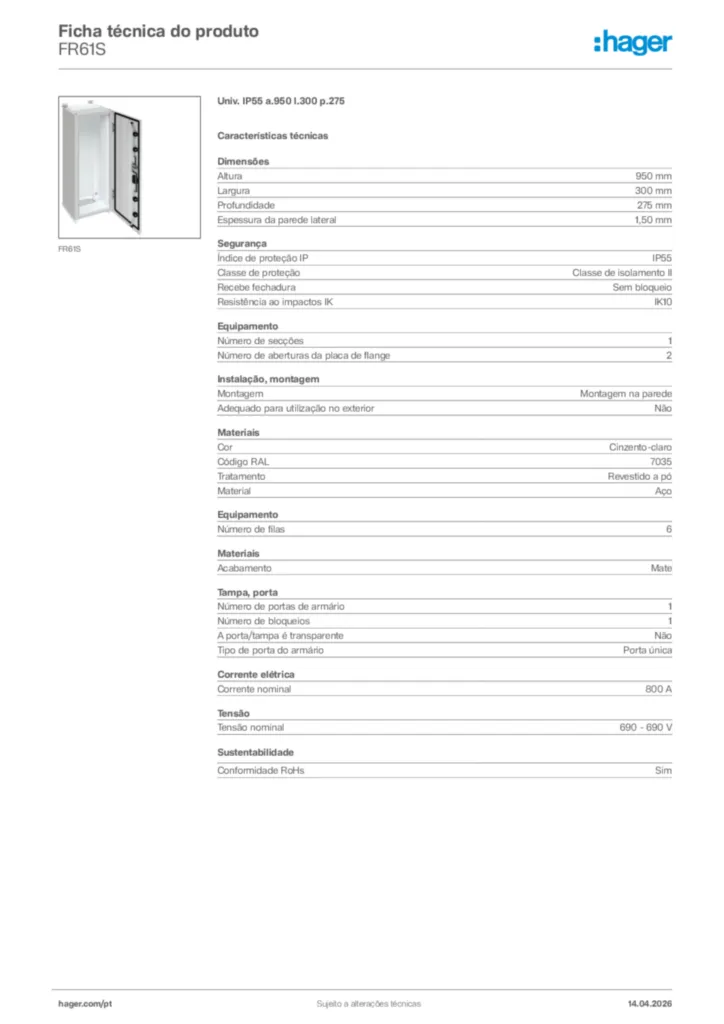 Imagem Hager Ficha técnica do produto FR61S | Hager Portugal