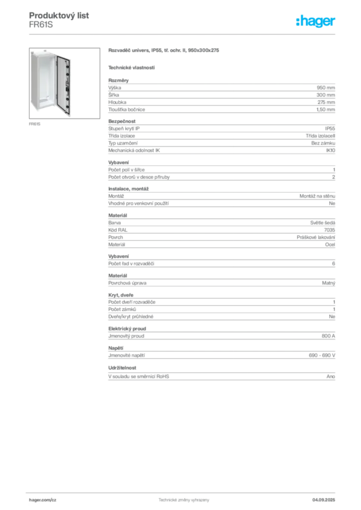 Obrázek Hager Produktový list FR61S | Hager
