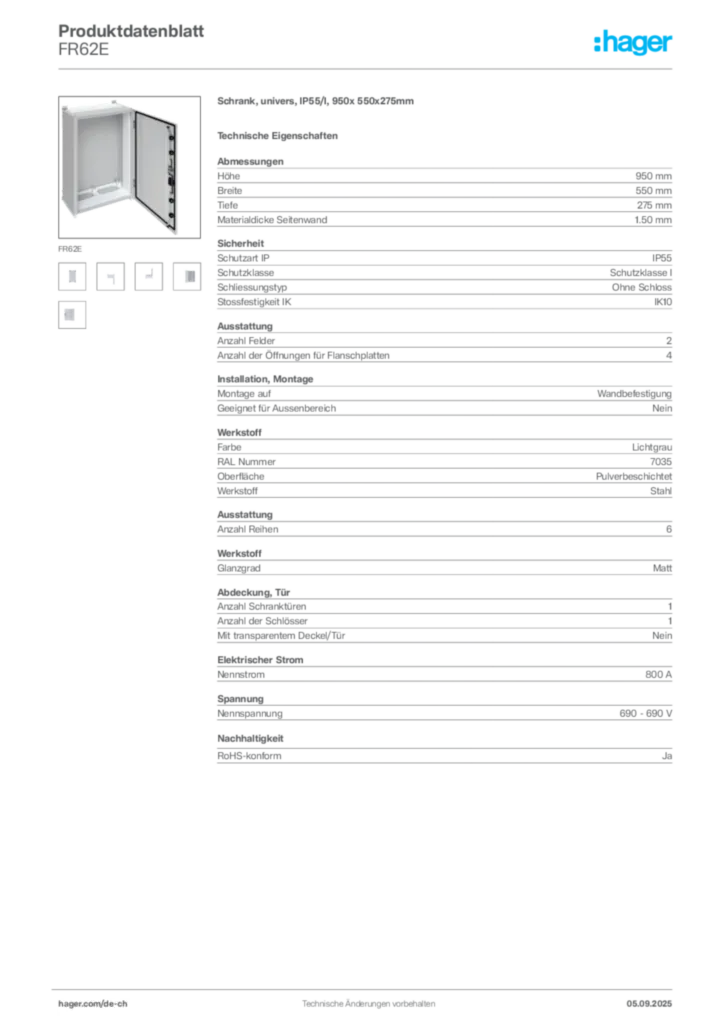 Bild Hager Produktdatenblatt FR62E | Hager Schweiz