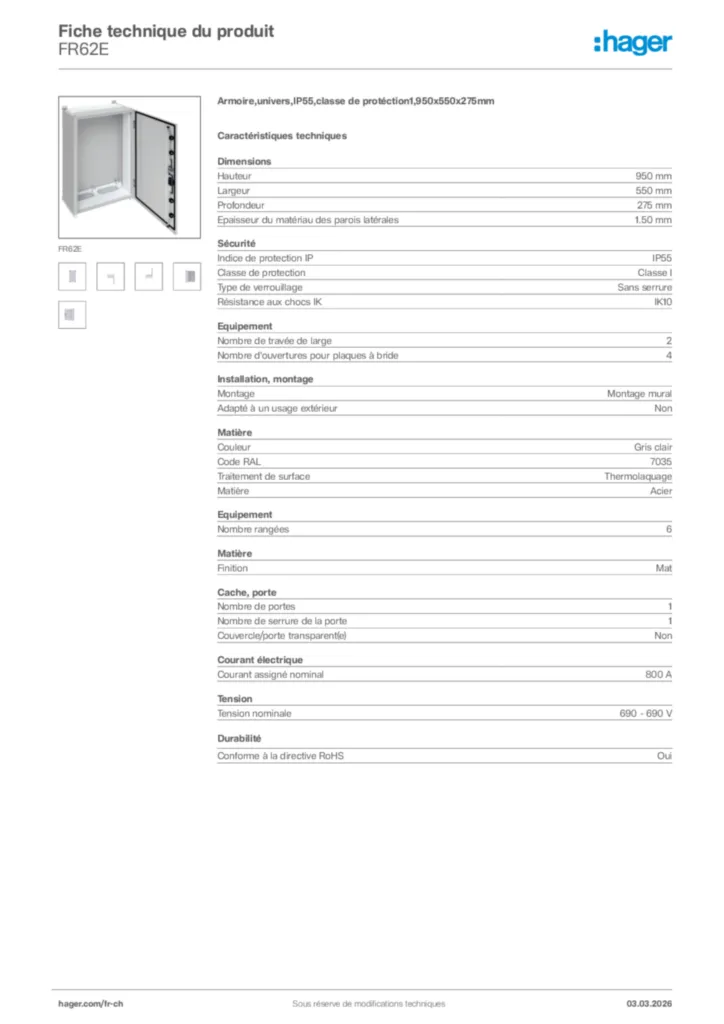 Image Hager Fiche technique du produit FR62E | Hager Suisse