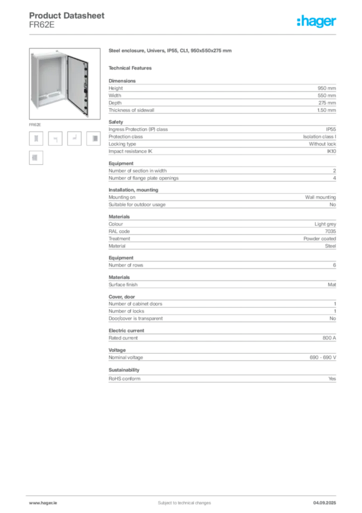 Image Hager Product data sheet FR62E  | Hager